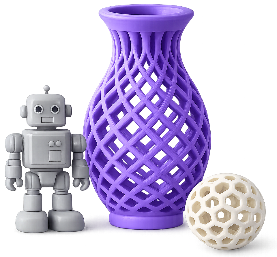 Purple 3D-printed vase and robot